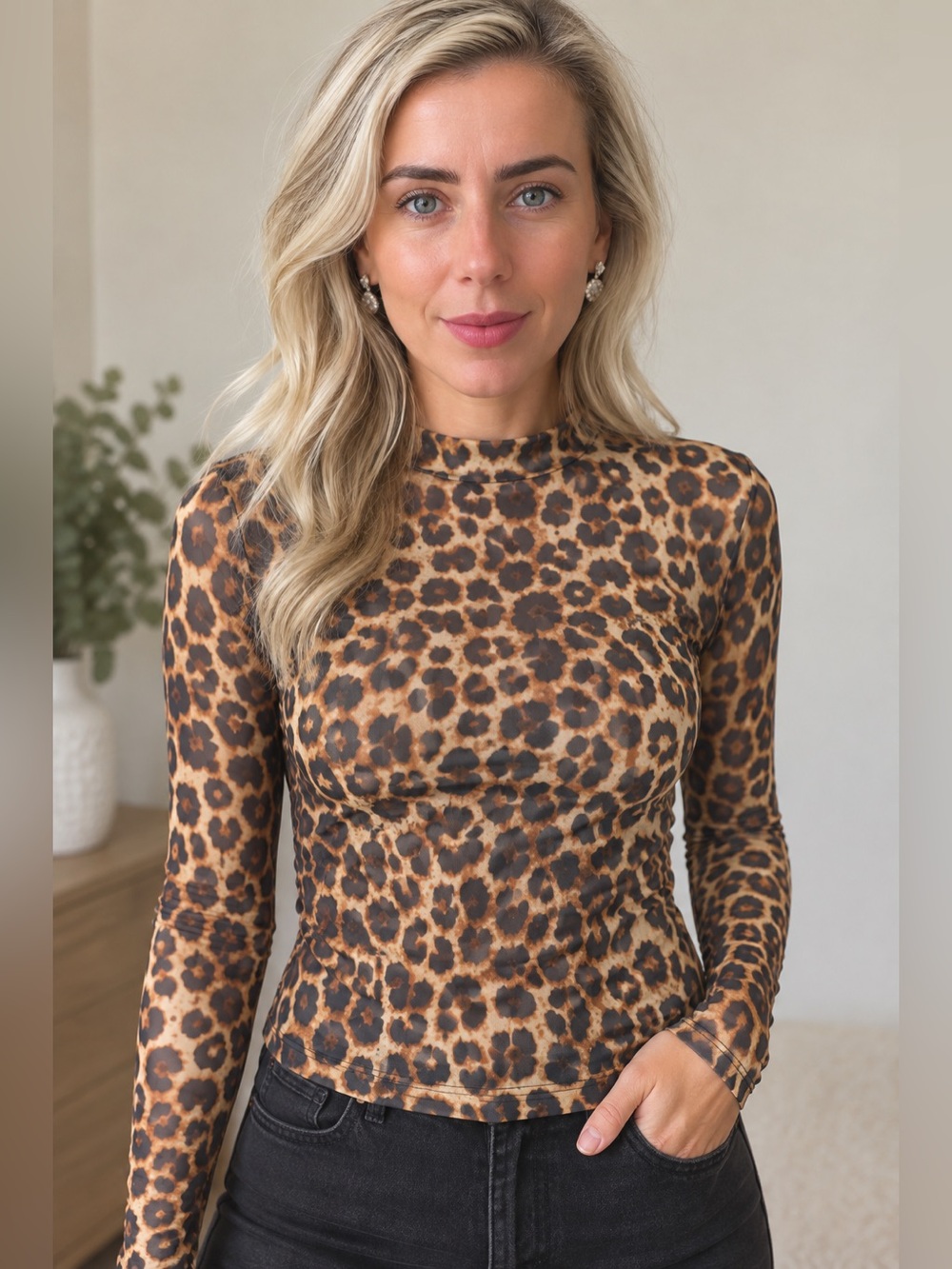 Women’s Leopard Print Mesh Long Sleeve Top – Size Large